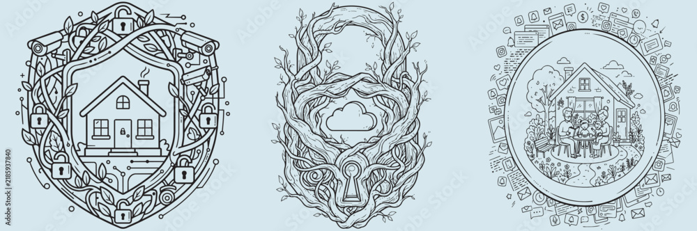 Naklejka premium Set of three circular organic pattern frames with a small house icon inside a rough textured hand drawn circle Vector
