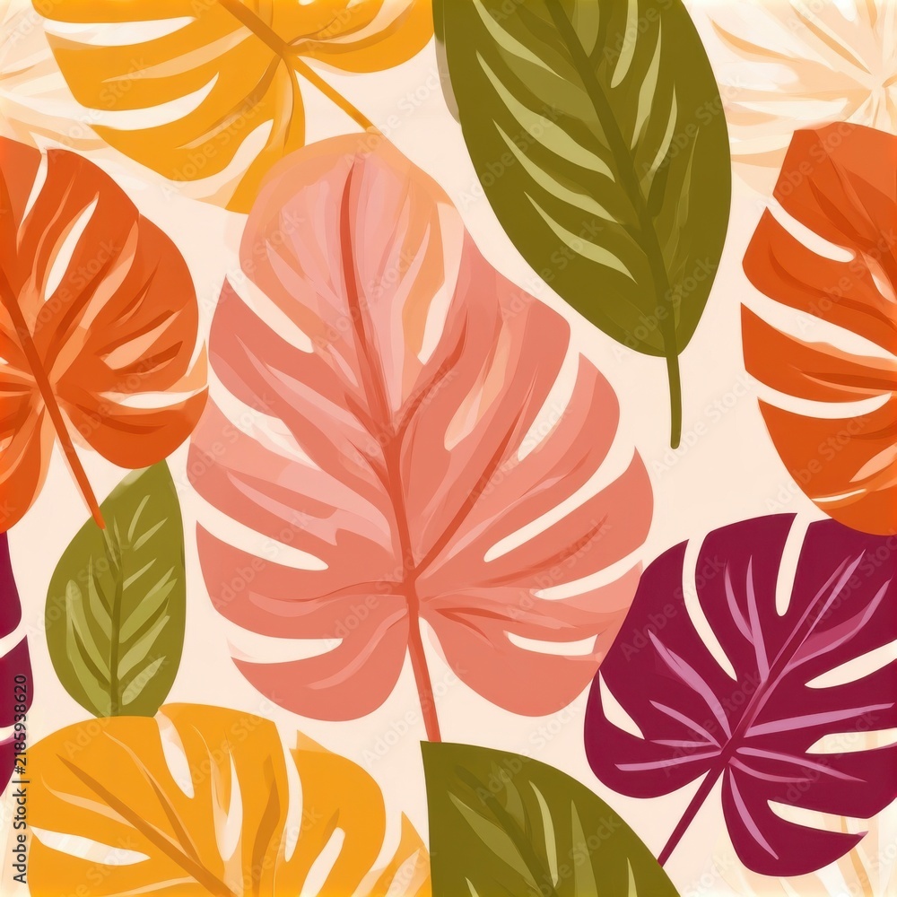 Seamless autumn pattern with colorful tropical leaves. Repeating vector illustration