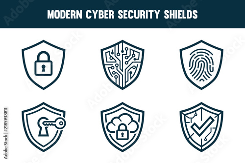 Cybersecurity Shield Security Icons Set, Digital Protection and Data Privacy Vector Collection