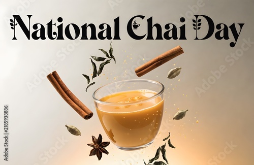 National chai day graphic with glass of spiced tea and floating cinnamon sticks and cardamom seeds masala chai floating spices hot beverage indian tea drink