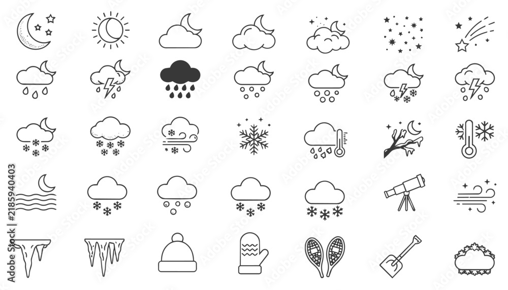Obraz premium 35 Black Line Art Icons Depicting Weather, Seasons, Natural Phenomena, and the Environment
