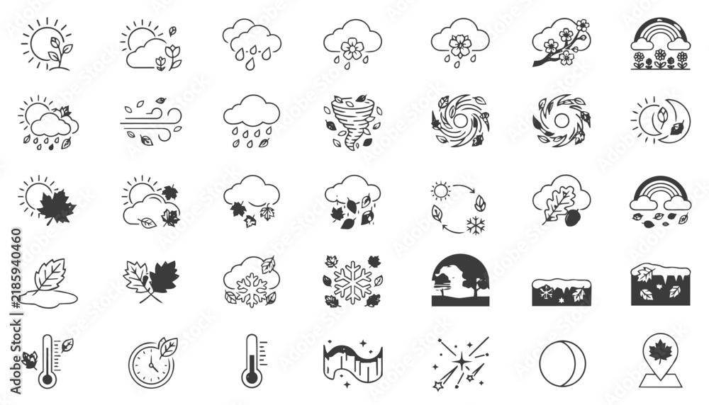 Obraz premium 35 Black Line Art Icons Depicting Weather, Seasons, Natural Phenomena, and the Environment