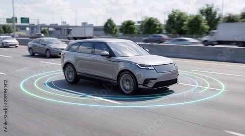 Silver autonomous vehicle driving on highway with digital radar sensor grid overlay, representing autonomous driving technology, intelligent transportation systems and smart mobility.