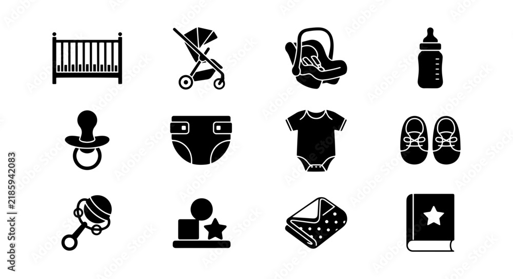 Obraz premium Baby Essentials Icons Set, Newborn Care Vector Graphics, Infant Items Collection, Childcare Symbols