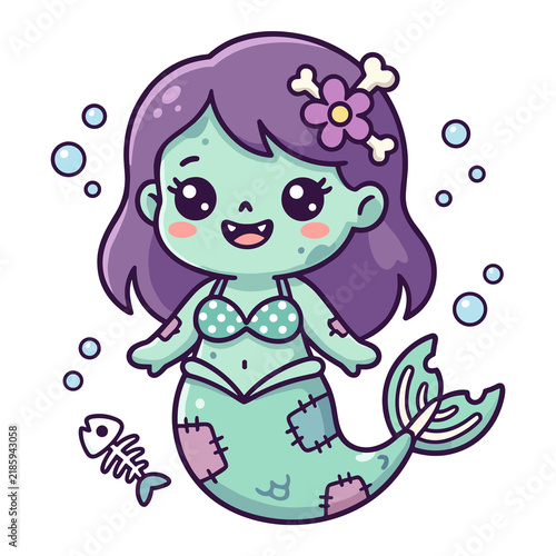 Cute zombie mermaid with purple hair and fish skeleton in the ocean