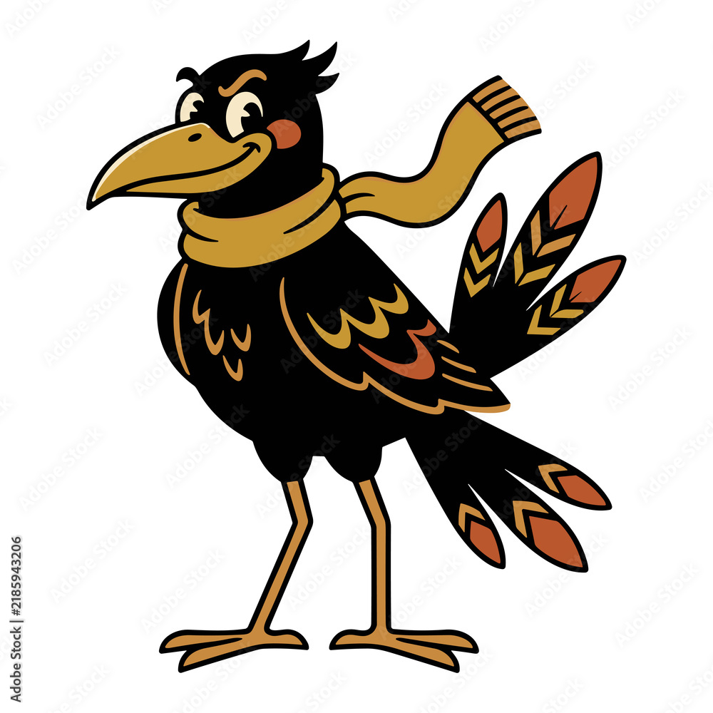 Obraz premium Cartoon raven wearing a scarf with a mischievous expression