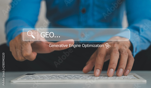 GEO Generative Engine Optimization, Close-up of businessman hand typing on laptop keyboard with search bar, Concept of AI SEO, digital marketing strategy and modern online search technology network