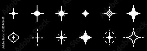 Pixel Art Sparkle and Star Icons Set, Retro 8-Bit Shining Light Symbols