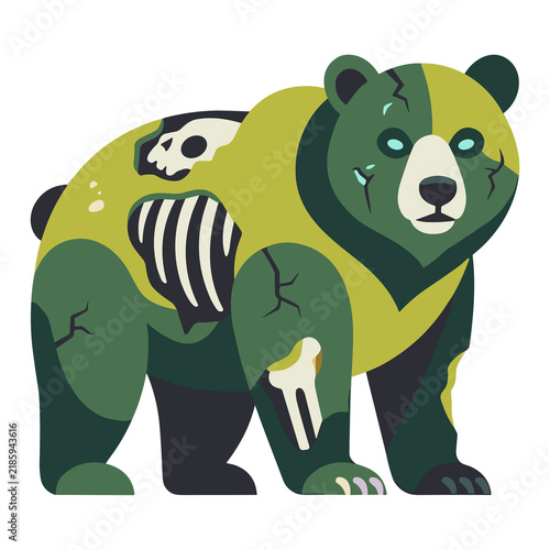 Spooky zombie bear illustration with exposed skeleton and decaying flesh