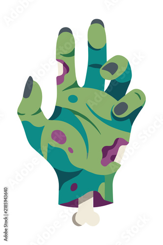 Severed zombie hand with decaying flesh and exposed bone, reaching out