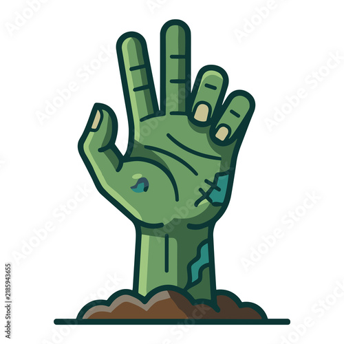 Green zombie hand emerging from the ground with a spooky Halloween theme