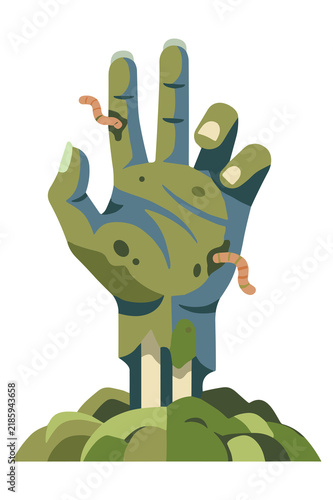 Creepy zombie hand emerging from the ground with worms crawling on it