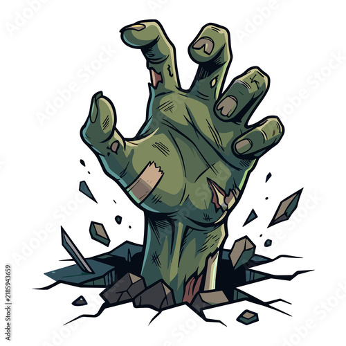Green zombie hand breaks through cracked ground with debris flying
