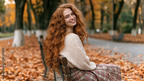 Warm autumn sunlight glows softly on a young woman. Her curly red hair cascades over her shoulders gently. She smiles, gazing away with a serene, content expression. She sits on a park bench
