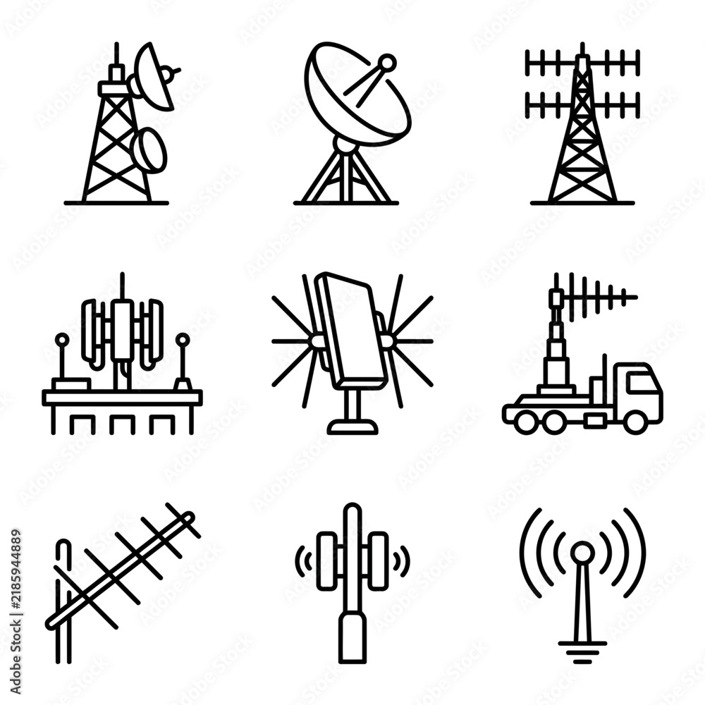 Fototapeta premium Collection of Communication Tower and Antenna Icons Vector Illustration.