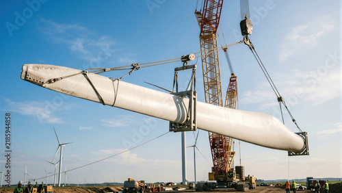 Crane lifting wind turbine blade at wind farm construction site. Workers installing renewable energy turbines in field.