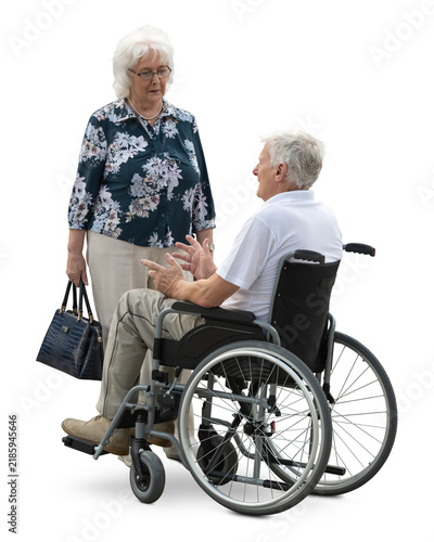 Old man in a wheelchair talking to an elderly woman standing by him. PNG image isolated on transparent and white background.