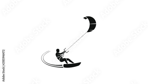 Black silhouette of an active kitesurfer riding a wave on a white background, representing extreme water sports.