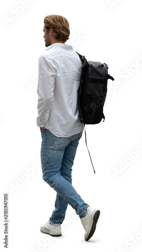 Back angle view of a young man in a white shirt walking. PNG image isolated on transparent and white background.