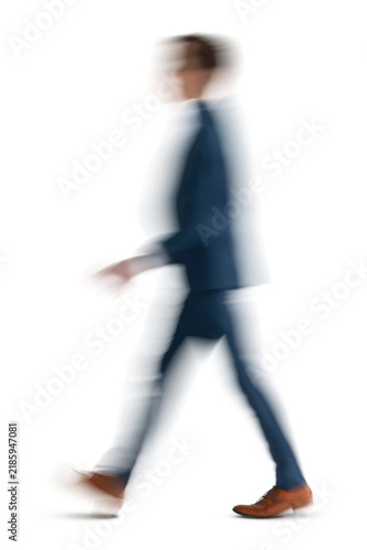 Motion blur image of a businessman walking. PNG image isolated on transparent and white background.