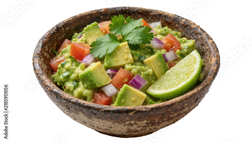 Bild auf Leinwand Rustic bowl of fresh guacamole with avocado tomato onion lime and cilantro, isol