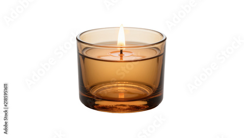 Foto Amber glass votive candle with burning flame, isolated on transparent background