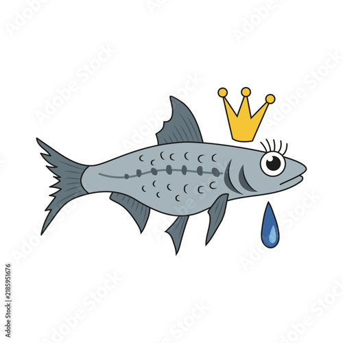 Illustration of crying sardine with gold crown representing the Entierro de la Sardina tradition isolated on white background. Canary Islands carnival vector