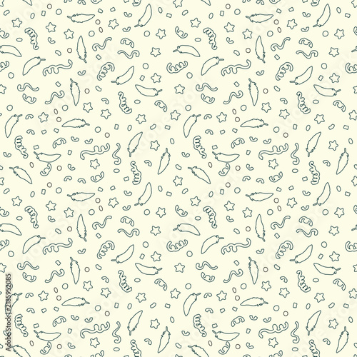 Seamless festive confetti pattern with black outline ribbons, feathers, and stars scattered on white background. Monochrome celebratory background vector illustration