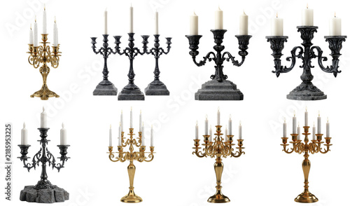 Bild auf Leinwand Collection of ornate candelabras with candles, isolated on transparent backgroun