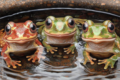 animals by ai, frogs sitting together in shallow water, smiling red and green faces, round basin, photorealistic