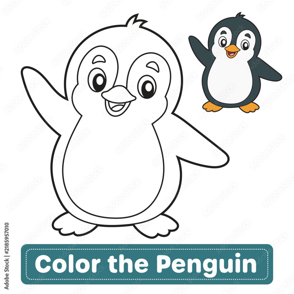 Fototapeta premium Penguin Coloring Page for Kids with Color Example