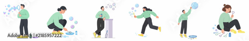 Set of diverse people in various poses blowing soap bubbles, flat vector illustration.