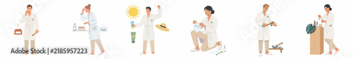 Flat vector illustrations of dermatologists and scientists researching skincare, natural beauty products, sun protection, and cosmetic formulations in a laboratory setting.