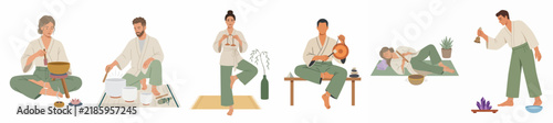 Collection of flat vector illustrations depicting people practicing sound healing, meditation, and yoga for mental wellness and holistic relaxation.