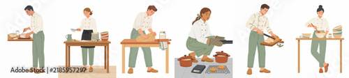 Set of professional chefs and cooks performing various kitchen tasks like baking, kneading dough, and food preparation, minimalist flat illustration.