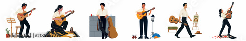 Illustrations of a young man with an acoustic guitar in various poses including playing, walking, and leaning against a wall, on white background.