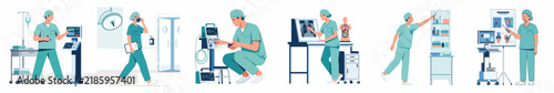 A collection of flat vector illustrations depicting a medical professional in scrubs performing various tasks in a clinical or hospital environment.
