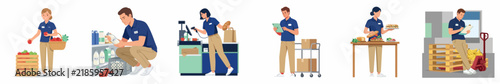 Collection of flat vector characters depicting supermarket and warehouse employees performing daily work tasks like stocking, checkout, and inventory management.