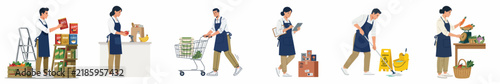 Flat vector illustrations of grocery store employees in blue aprons performing various duties like restocking, cleaning, cashiering, and inventory management.