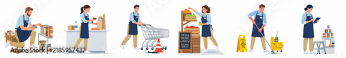 Collection of flat vector illustrations depicting supermarket staff members performing various duties such as stocking shelves, cleaning, checking inventory, and serving customers.