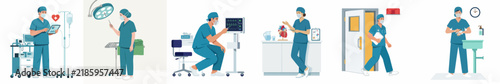 Set of medical illustrations showing surgeons and nurses performing various tasks in an operating room and hospital environment, from surgery preparation to scrub-in.