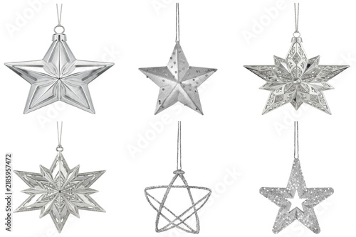 Canvastavla Collection of six silver star-shaped Christmas ornaments isolated on transparent
