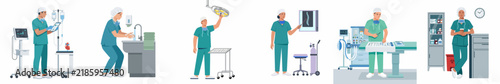 Set of flat vector illustrations depicting medical professionals and surgeons performing various tasks in a hospital or clinic setting.