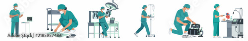 Set of medical professionals in green scrubs performing various healthcare tasks including surgery preparation, patient care, and operating medical equipment.