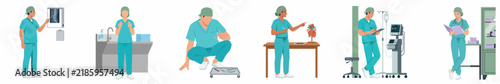 Set of illustrations depicting healthcare professionals in blue scrubs performing various clinical tasks including diagnostics, hygiene, and patient monitoring in a hospital setting.