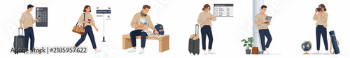 Collection of flat vector illustrations showing young travelers in various airport and travel-related scenarios, including checking flight boards and navigating.