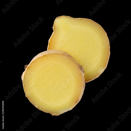 Fresh Ginger Slices Isolated On Black Background Kitchen Ingredient
