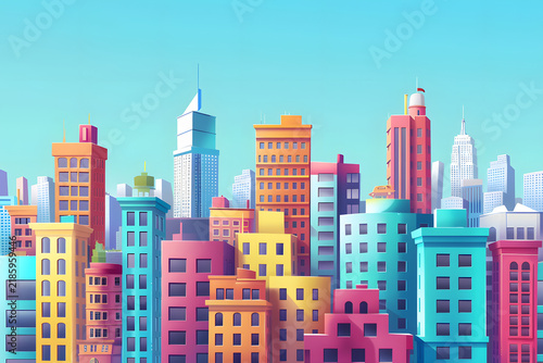 Vibrant urban cityscape illustration with colorful modern buildings under a bright blue sky