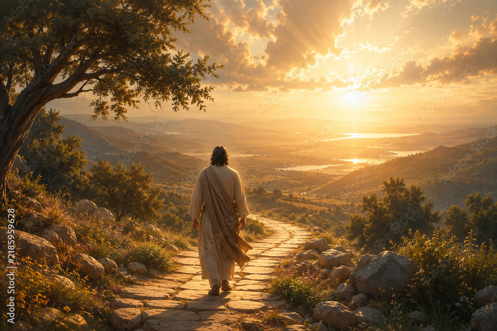 Obraz premium A man Walking Down Stone Path. Sunrise