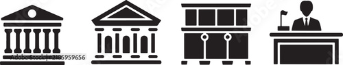 Courthouse, law and justice flat black icons with judge desk, jury box and classical building